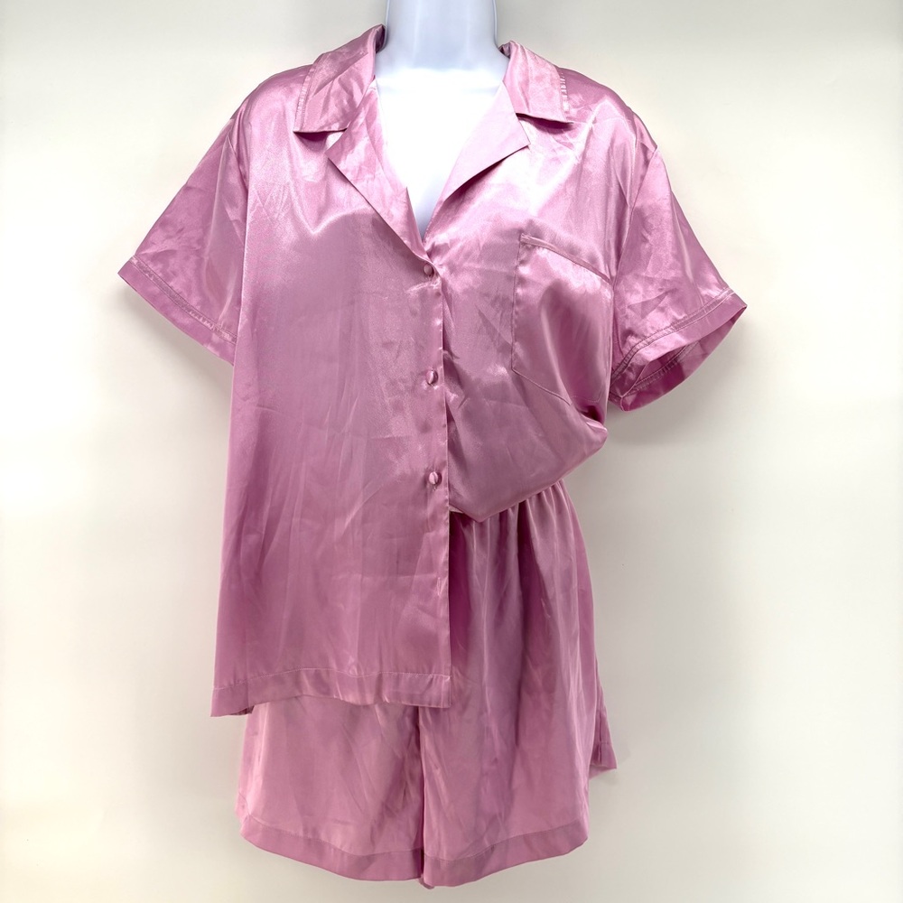 Ivy & Annabelle Blush Satin PJ Set Button Front Top XL Silky Relaxed Lounge‎